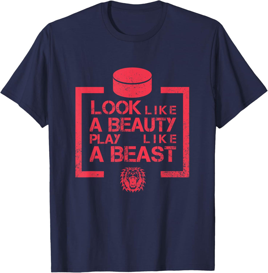 Look Like A Beauty Play Like A Beast Womens Ice Hockey Tee T-Shirt - Navy Blue