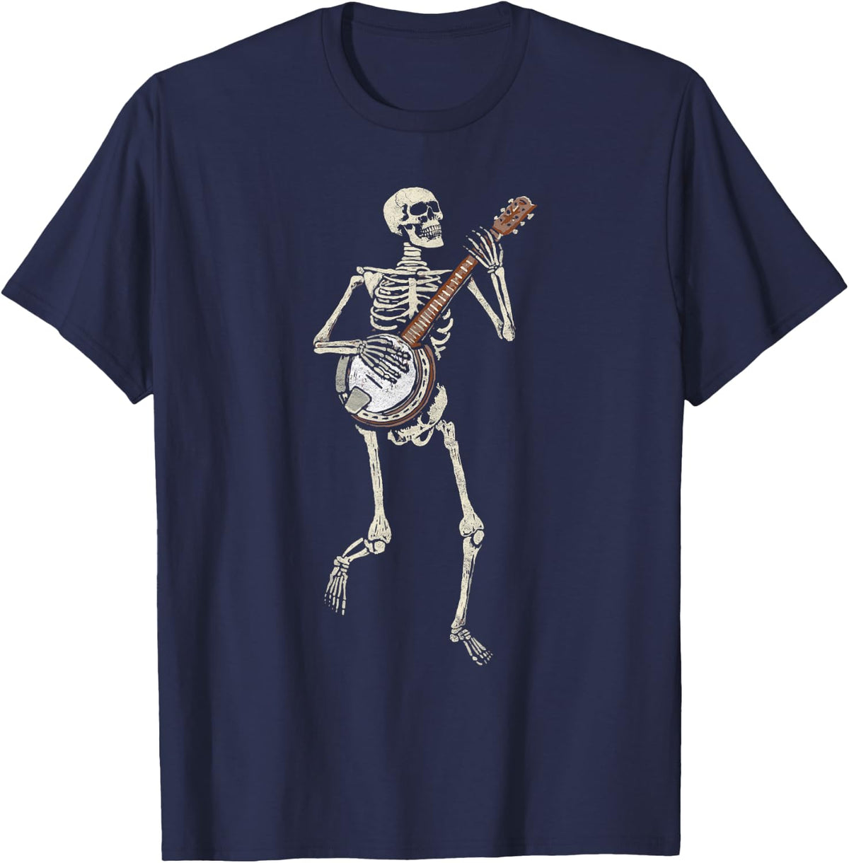 Retro Dancing Skeleton & Banjo Vintage Graphic T-Shirt - Navy Blue