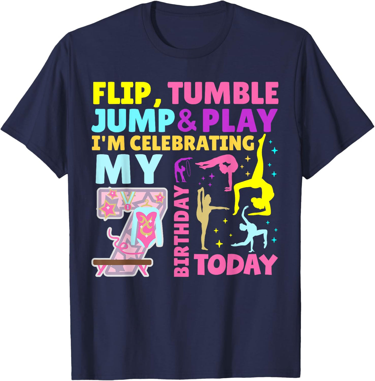 7th Birthday Gymnastics Themed Party Kids Seven Year Old T-Shirt - Navy Blue