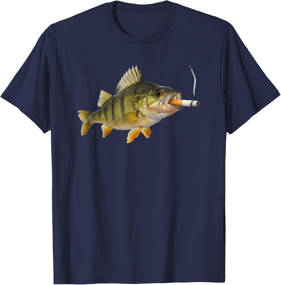 Fish Meme Gen Z Brainrot Sarcasm Fish Smoking Cigarette T-Shirt - Navy Blue