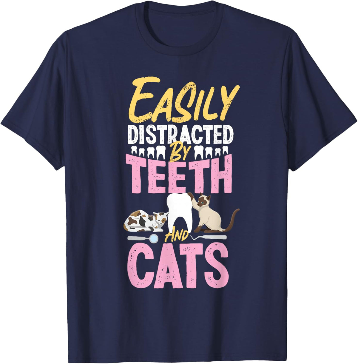 Dentist Dental Assistant Hygienist Cat Tooth T-Shirt - Navy Blue