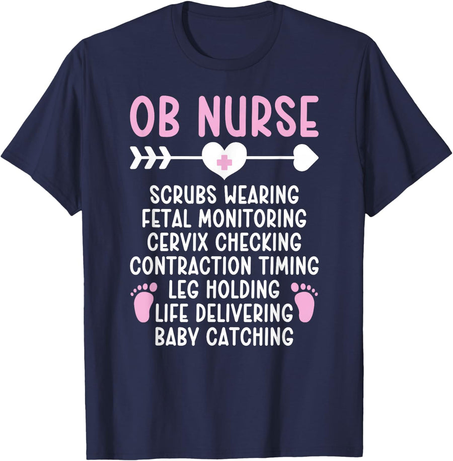 Obstetrical Nursing For OB Nurse Appreciation Unisex-Adults Black Small Modern Crew Collar Short Sleeve T-Shirt - Navy Blue