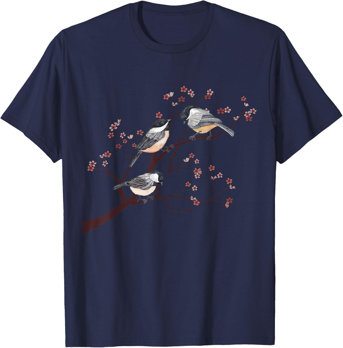 Bird Watching Nature Animal Vintage Blossom Chickadee Tee T-Shirt - Navy Blue