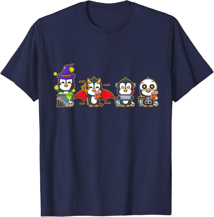 Halloween Horror Pumpkin Penguin T-Shirt - Navy Blue