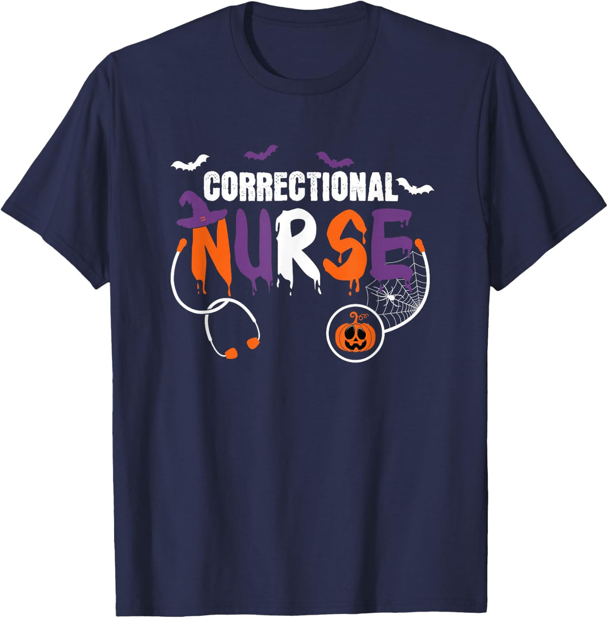 Correctional Nurse Halloween Stethoscope Pumpkin Men Women T-Shirt - Navy Blue