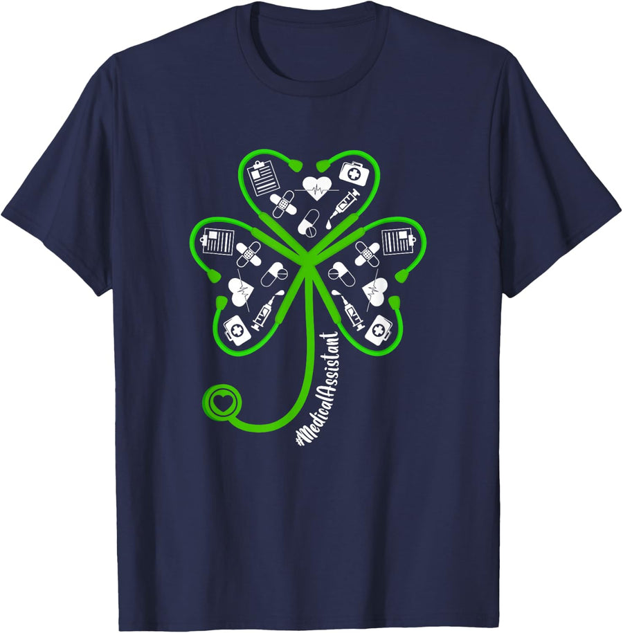 Stethoscope Shamrock Medical Assistant St Patricks Day T-Shirt - Navy Blue
