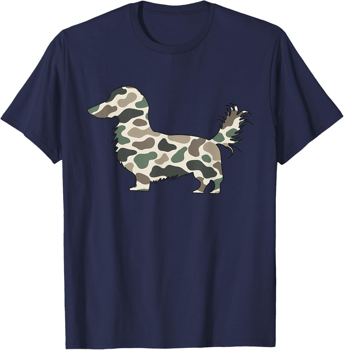 Retro Camouflage Long Hair Dachshund Wiener Dog Pet Lover T-Shirt - Navy Blue