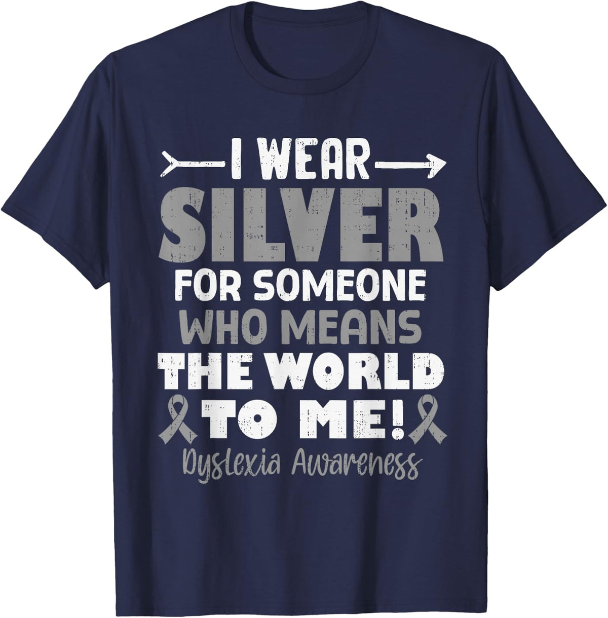 Dyslexia Awareness Ribbon Silver Specialist Family Support T-Shirt - Navy Blue