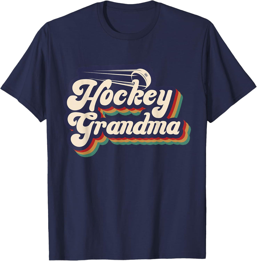 Hockey Grandma Retro Ice Hockey Player Grandmother T-Shirt - Navy Blue
