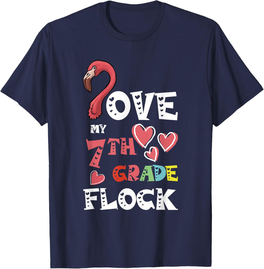 Love My 7th Grade Flock Flamingo Teacher Elementary T-Shirt - Navy Blue