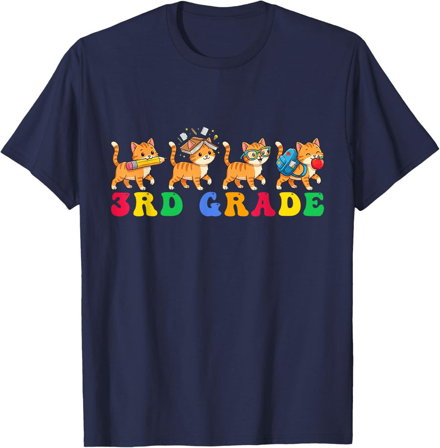Funny Cat Third Grade Back to School Teacher Student T-Shirt - Navy Blue