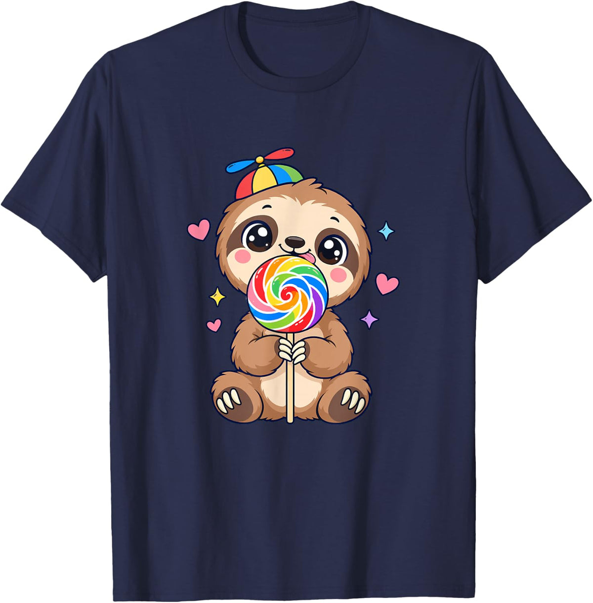 Rainbow Lollipop - Kawaii Sloth T-Shirt - Navy Blue