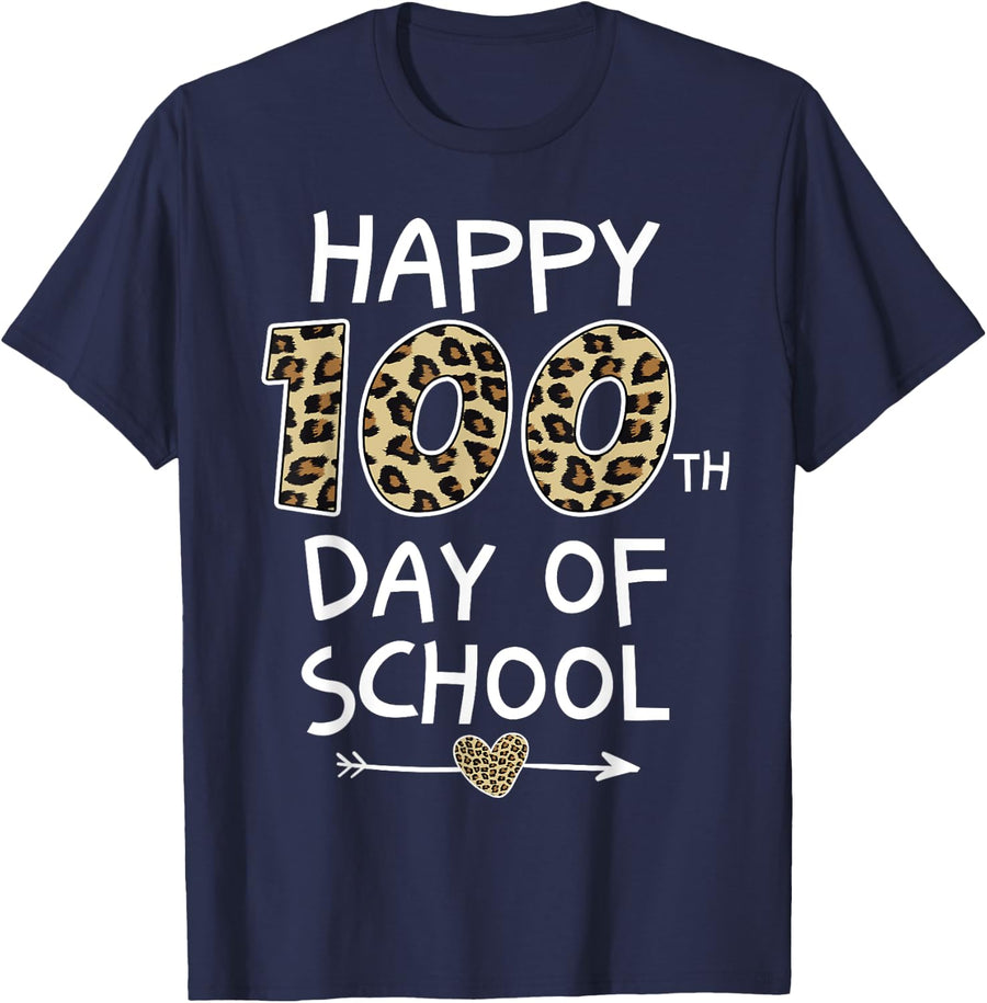 Happy 100th Day Of School Leopard Cute For Teacher Student T-Shirt for Men Women Kids - Navy Blue