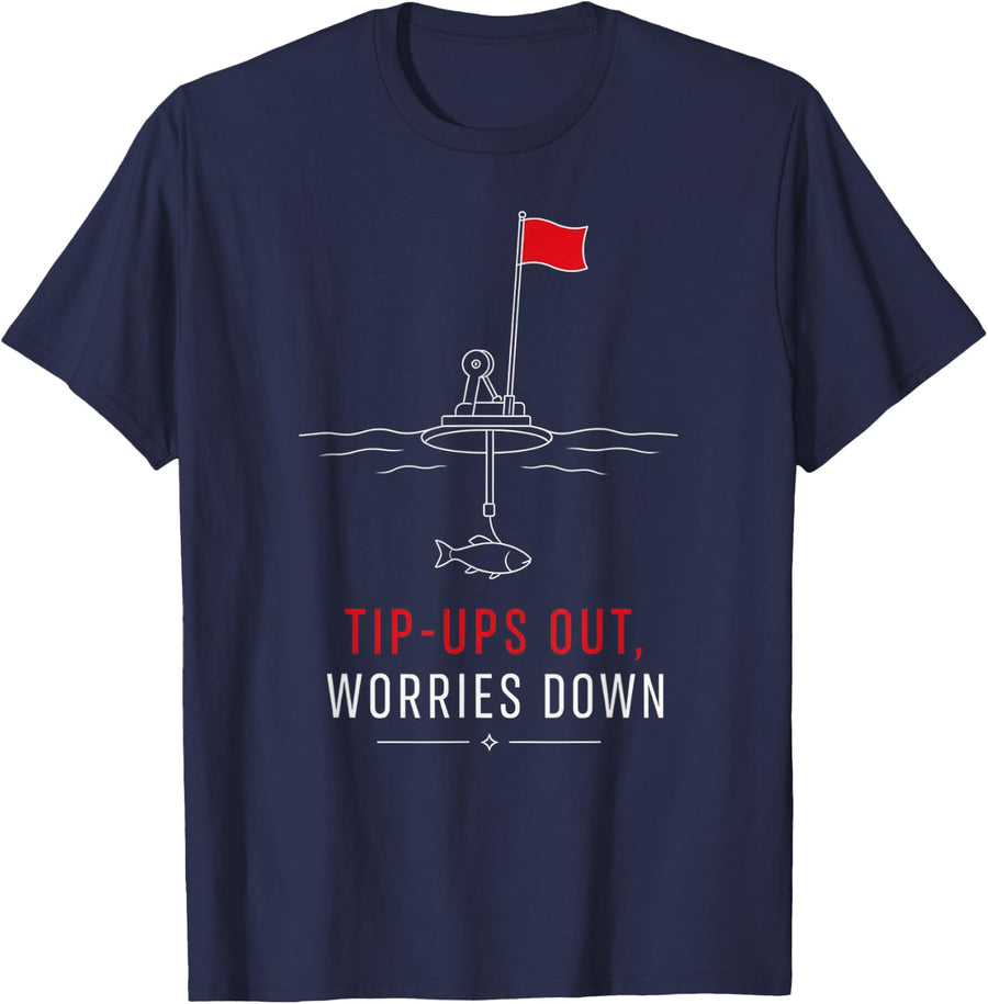 Ice Fishing Tip-Ups Worries Down T-Shirt - Navy Blue