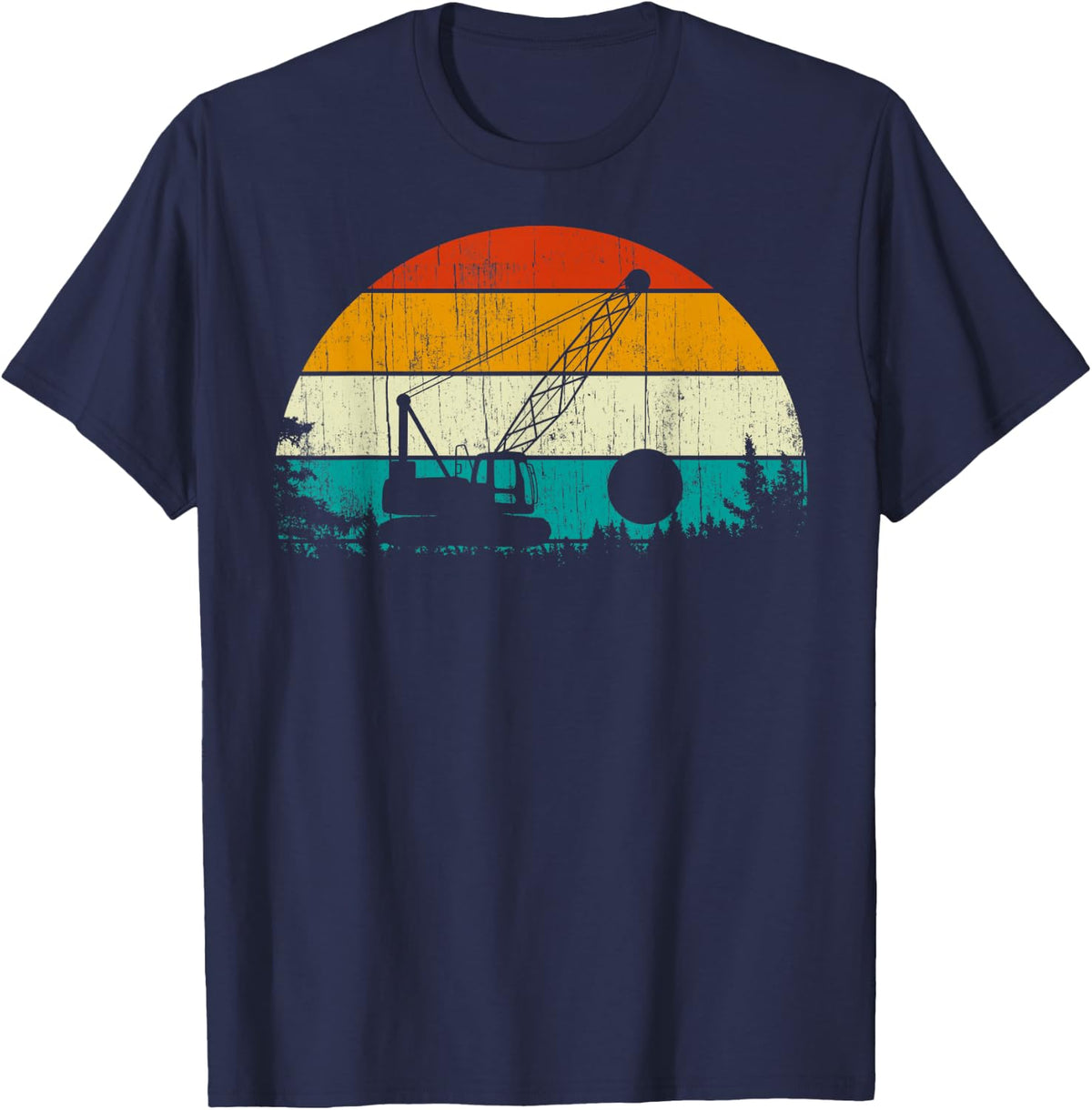 Vintage Retro Style Pine Tree Wrecking Ball Crane Operator T-Shirt - Navy Blue