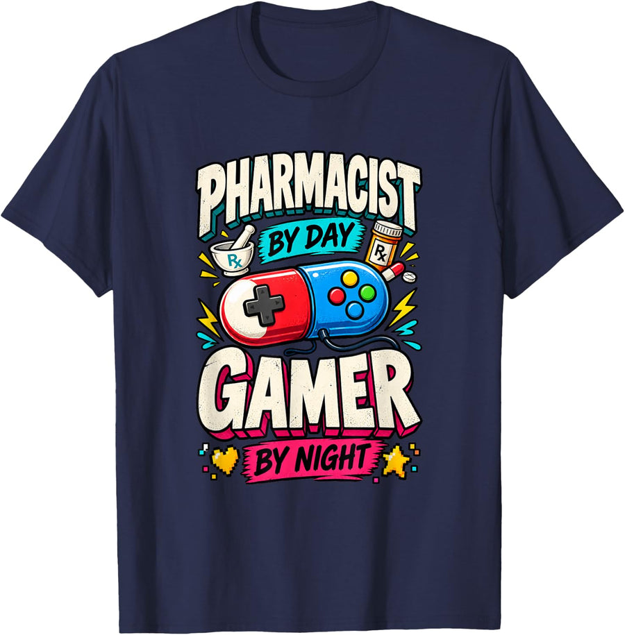 Pharmacy Tech Gamer By Night Video Game Humor T-Shirt - Navy Blue