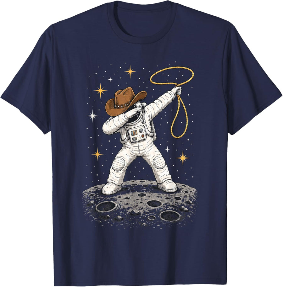 Dabbing Space Cowboy Astronaut Lasso Moon Dabber Crew T-Shirt - Navy Blue