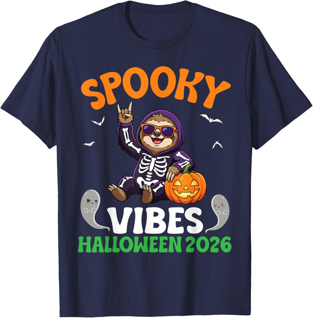 Spooky Vibes Halloween 2026 Rocking Sloth Skeleton Pumpkins T-Shirt - Navy Blue