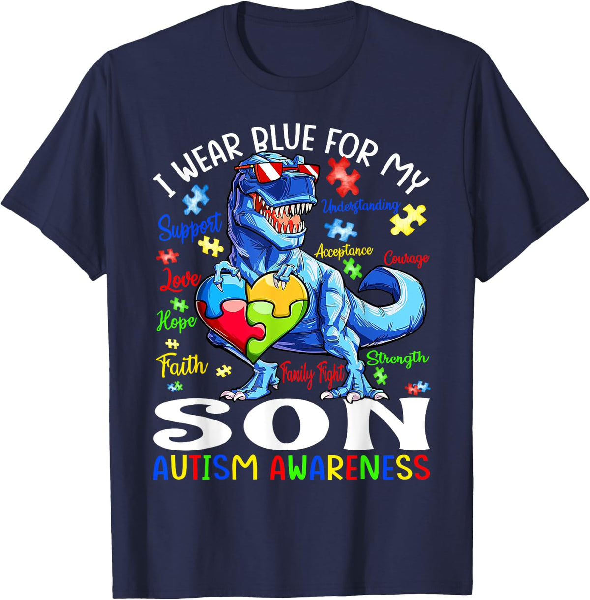 I Wear Blue For My Son Autism Awareness T Rex T-Shirt - Navy Blue