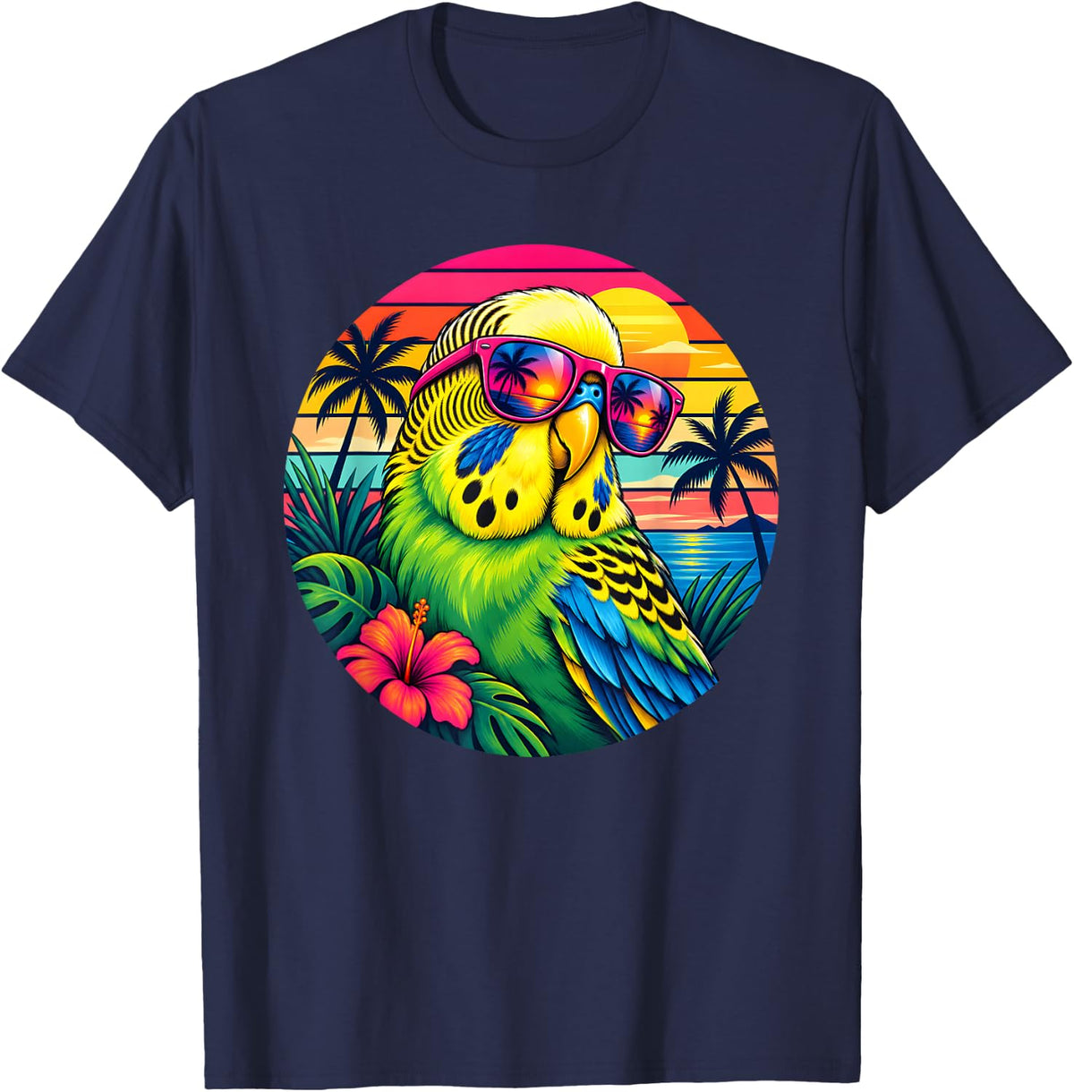 Budgie Parakeet Lover Retro Sunset Tropical Bird T-Shirt - Navy Blue