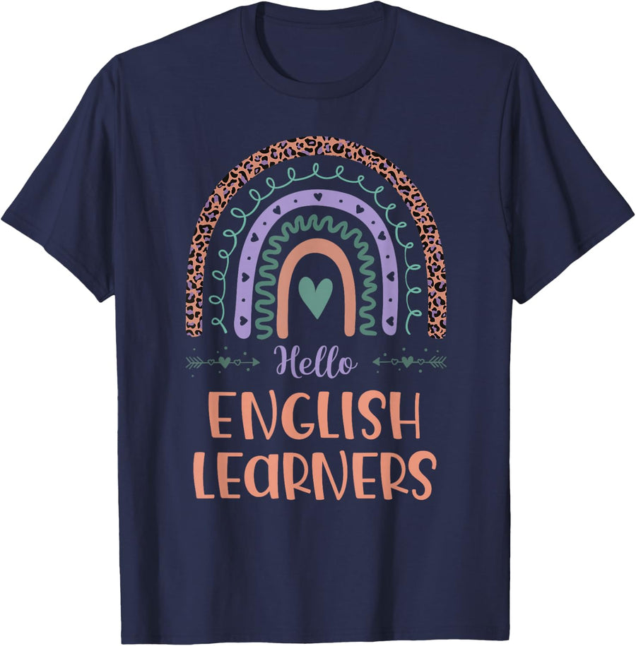 Hello English Learners ELL Teacher Back To School Rainbow T-Shirt - Navy Blue