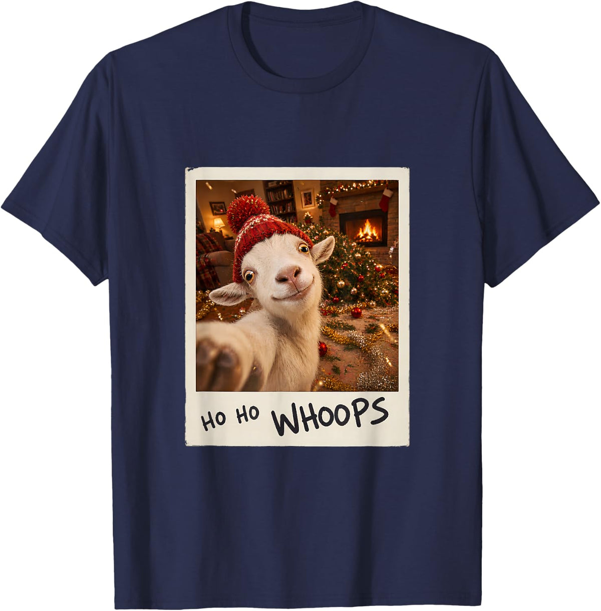 Ho Ho Whoops White Goat Selfie Christmas Funny T-Shirt - Navy Blue