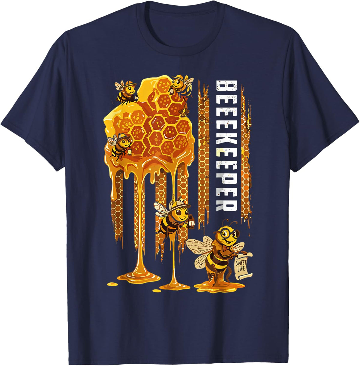 American Flag Honey Beekeeping USA Bees Beekeeper T-Shirt - Navy Blue