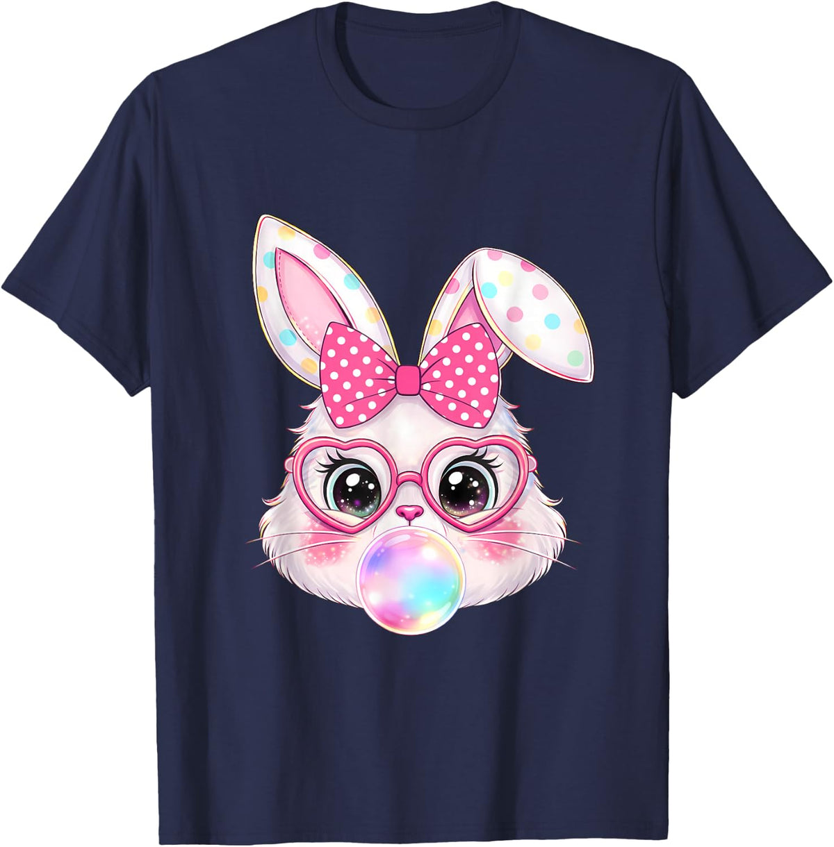 Retro Easter Bunny Bubble Gum Heart Glasses Spring Girls T-Shirt - Navy Blue