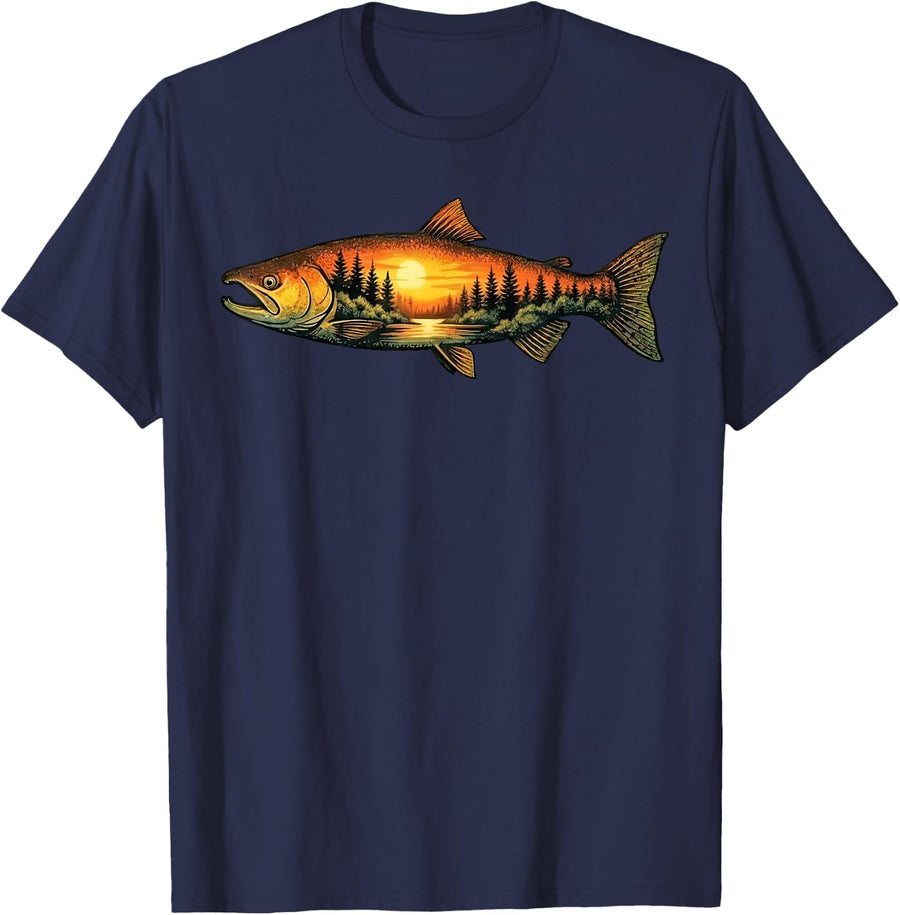 Salmon Fishing Sunset Nature Landscape T-Shirt - Navy Blue