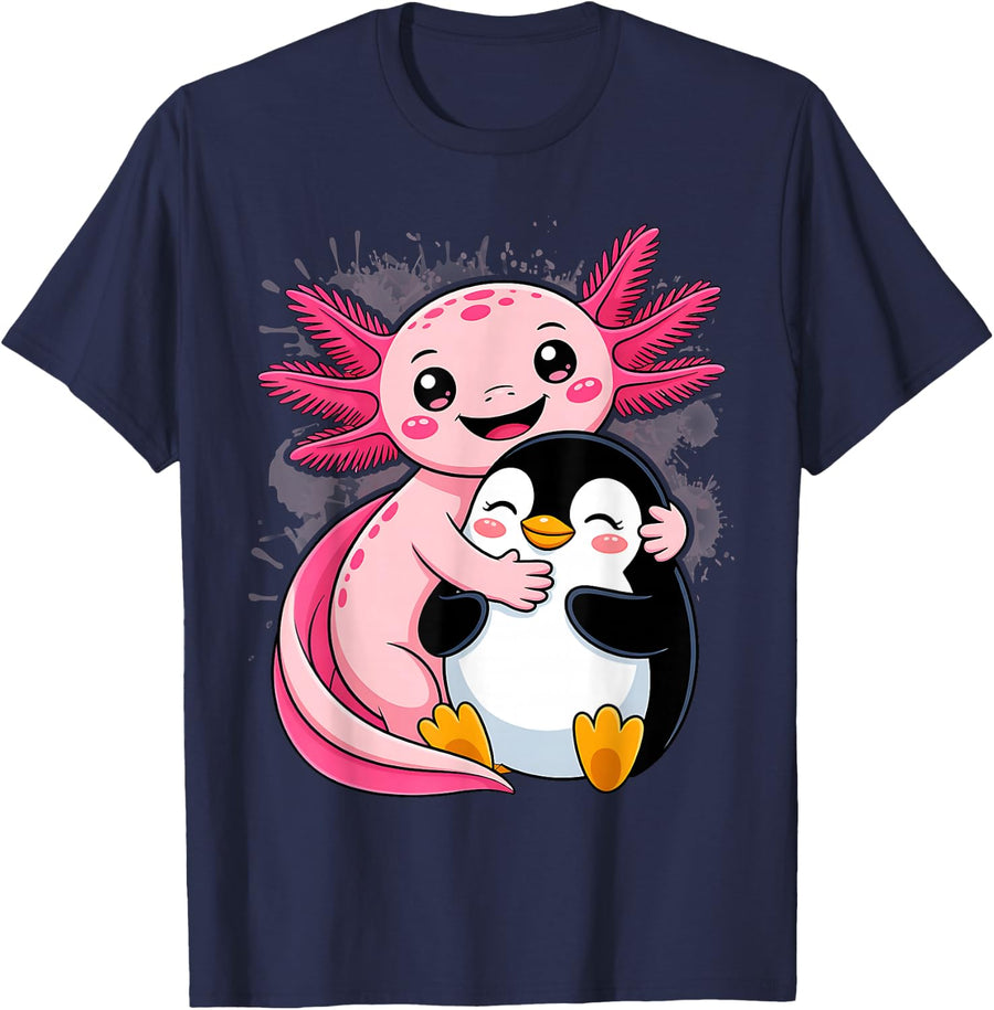 Cute Axolotl Hugging Penguin T-Shirt - Navy Blue
