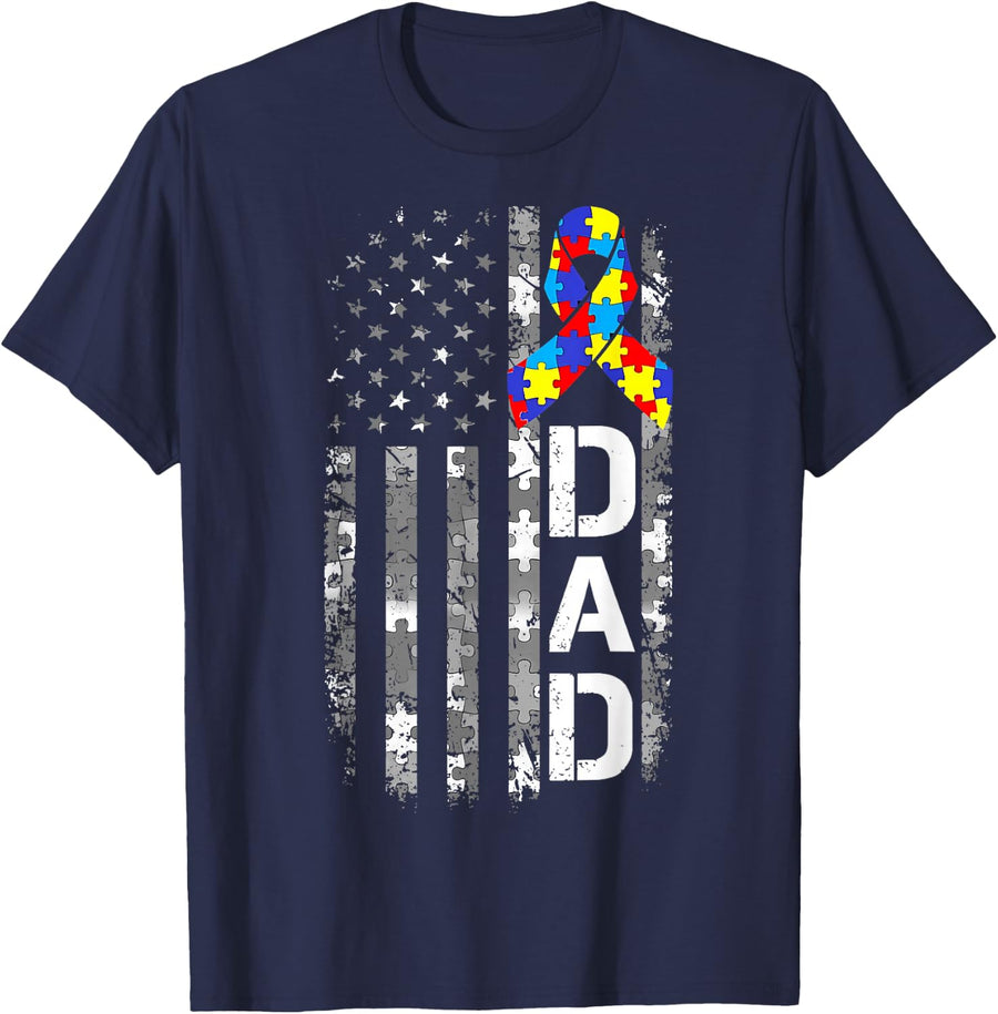 Autism Awareness Dad USA Flag Fathers Day T-Shirt - Navy Blue