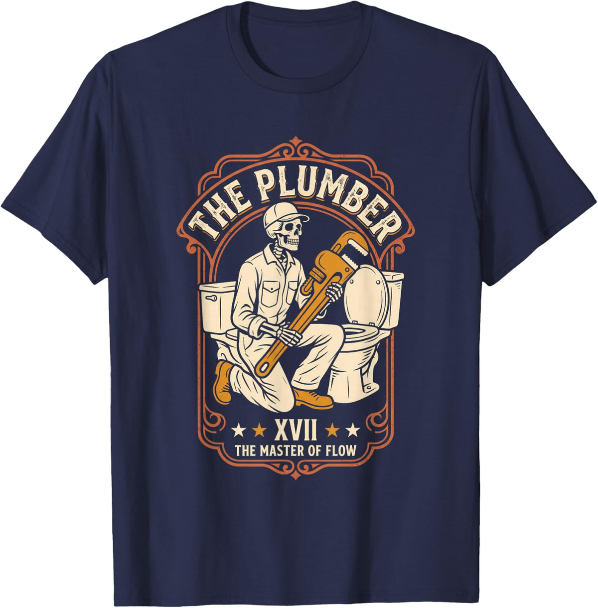 The Plumber Master of Flow Skeleton Pipe Wrench Toilet T-Shirt - Navy Blue