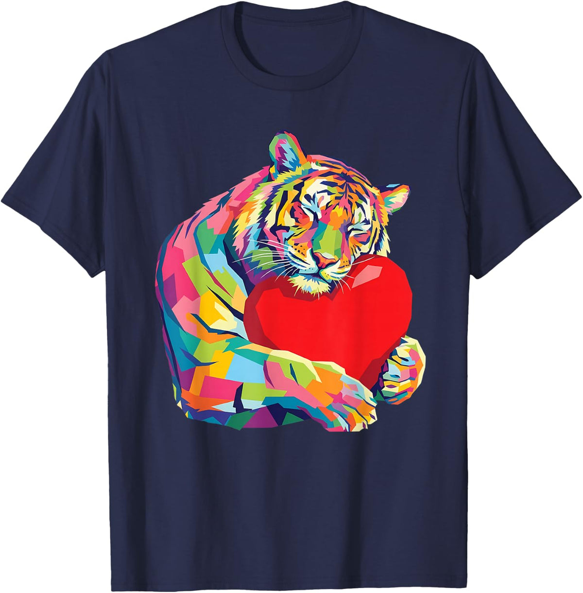 Tiger Hugging Valentine Heart Color Critters Rainbow T-Shirt - Navy Blue