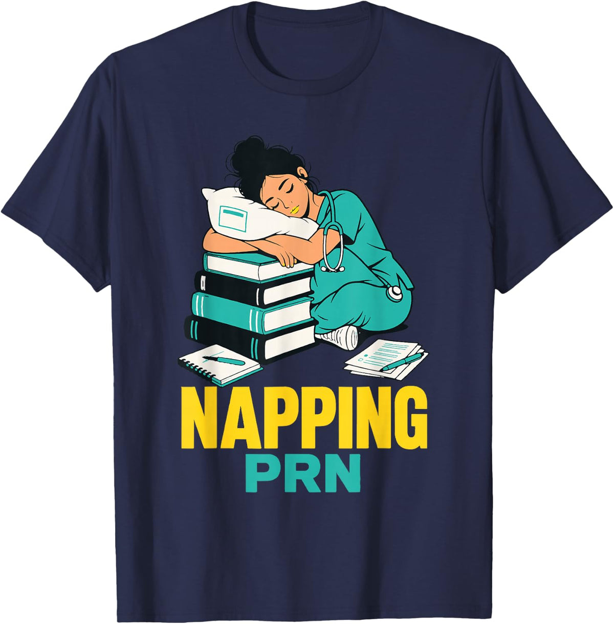 Napping PRN Nurse Student Sleep Study Books T-Shirt - Navy Blue