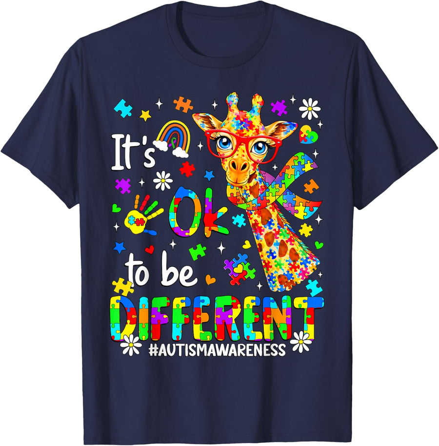 Its Ok to Be Different Autism Awareness Cute Giraffe Boy Kid T-Shirt - Navy Blue