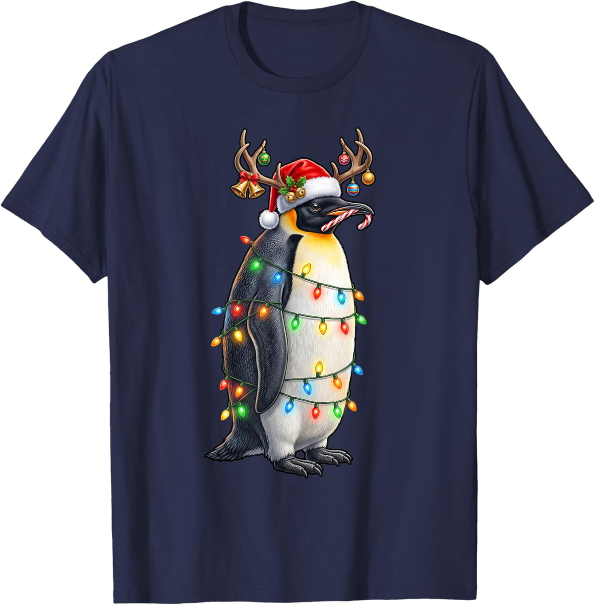 Penguin Christmas Santa Hat Funny Penguin T-Shirt - Navy Blue