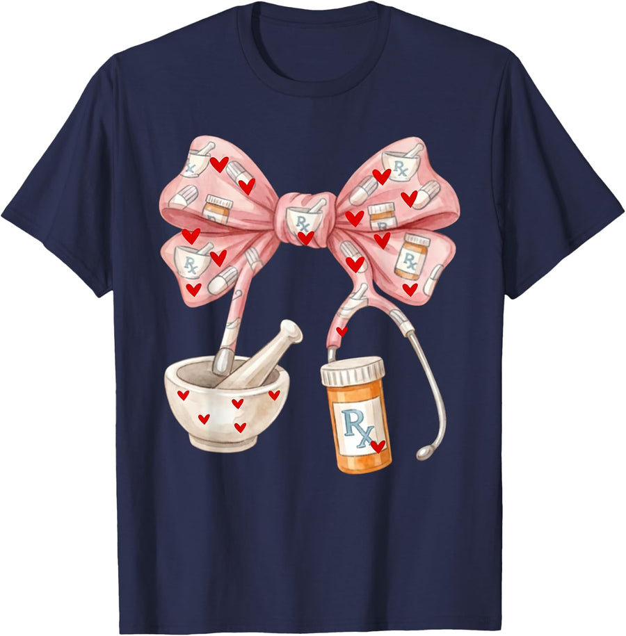 Cute Coquette Bow Pharmacy Valentines Pharmacist Technician T-Shirt - Navy Blue