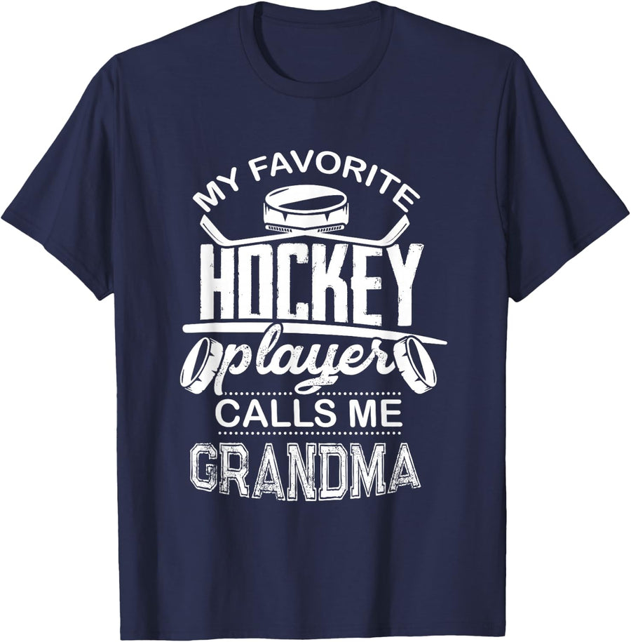 Ice Hockey Lover My Favorite Hockey Player Calls Me Grandma T-Shirt Tee For Sports Grandmas - Navy Blue