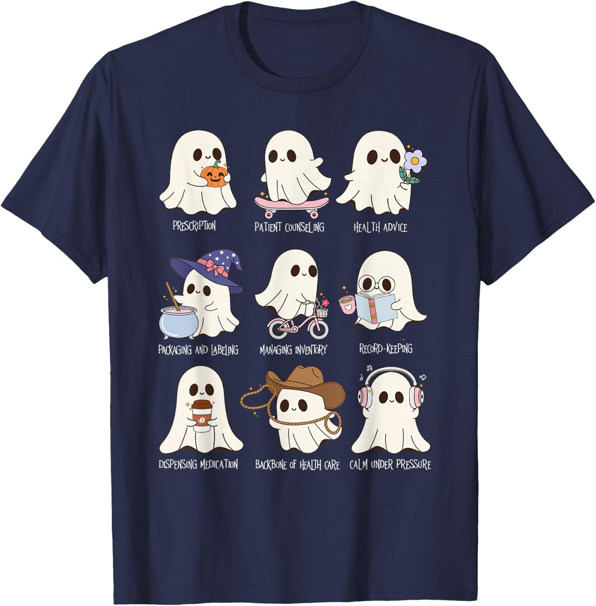 Pharmacy Technician Spooky Ghost Halloween Pharmacist Tech T-Shirt - Navy Blue