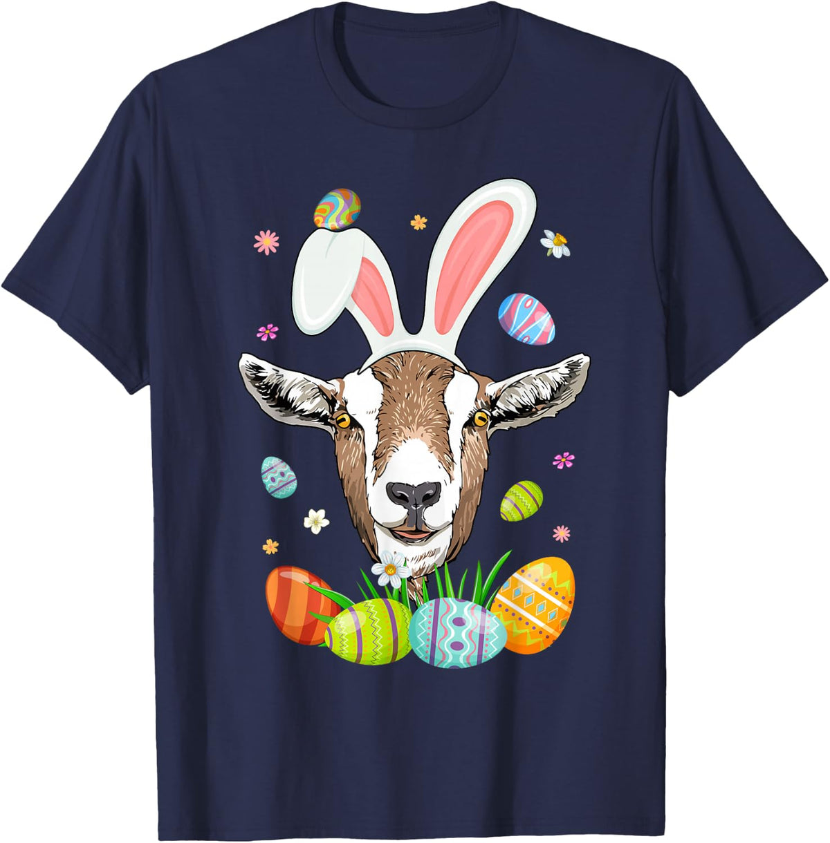 Cute Goat Face With Bunny Ears Colorful Eggs Easter Day Kids T-Shirt - Navy Blue