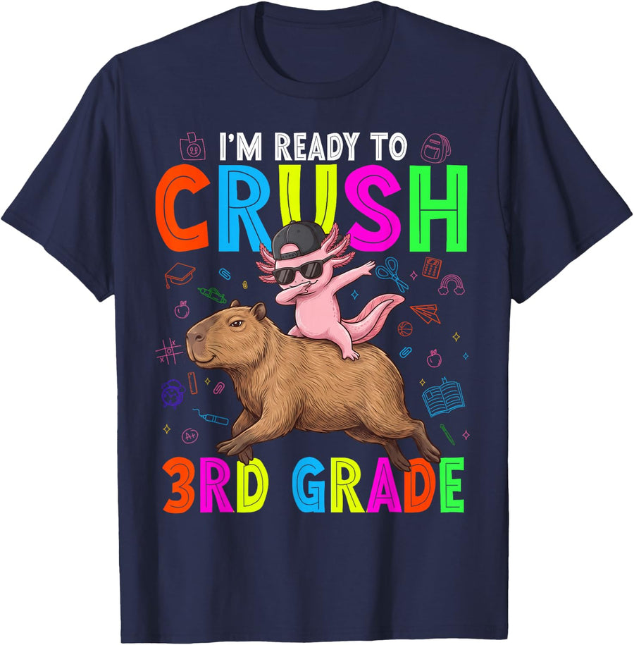 I'm Ready for 3rd Grade Back to School Capybara Axolotl Kids T-Shirt - Navy Blue