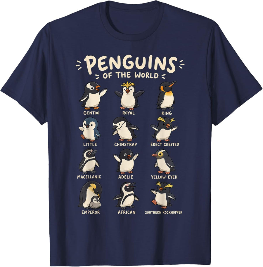 Penguins of the World Cute Cartoon Design T-Shirt - Navy Blue