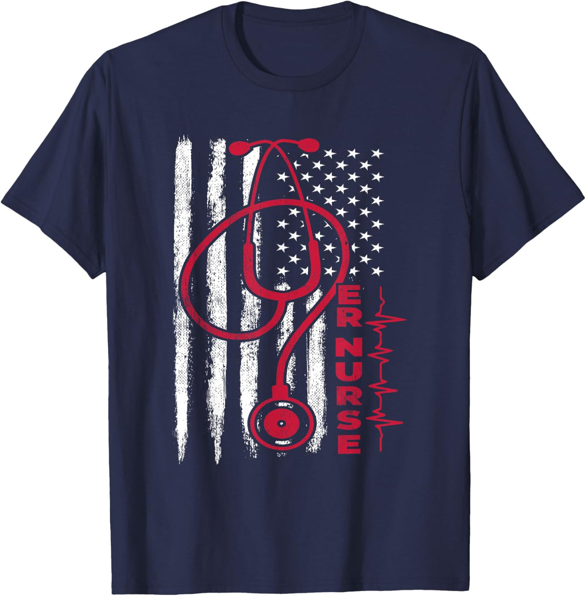 ER Nurse with American Flag Design T-Shirt - Navy Blue