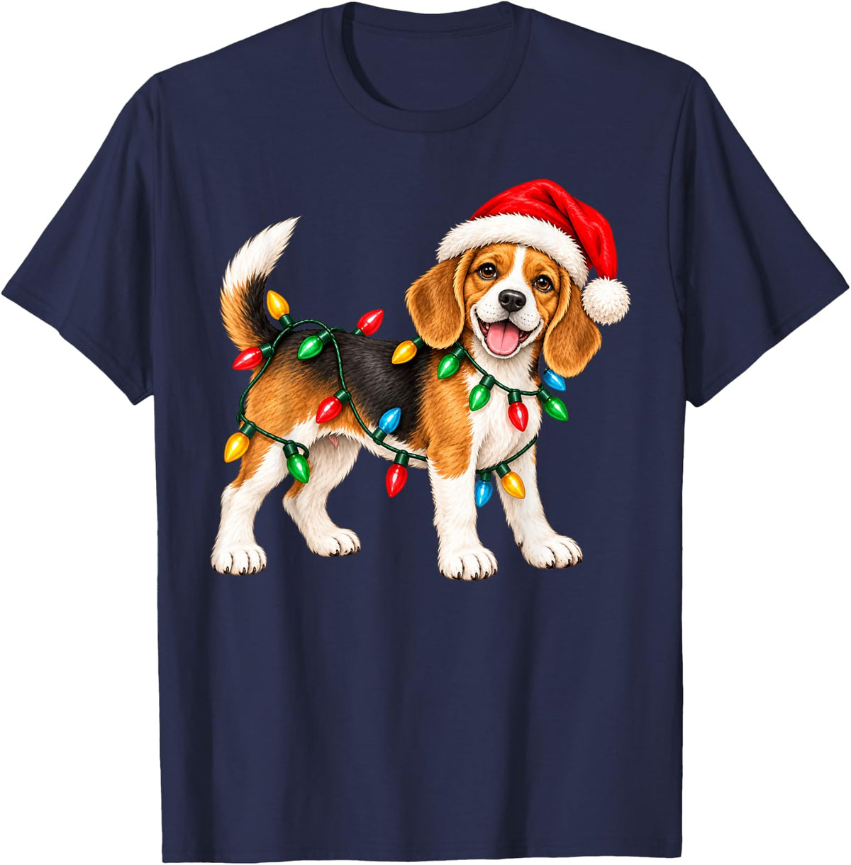 Christmas Beagle Dog Holiday Puppy Lights Hat Santa Design T-Shirt - Navy Blue