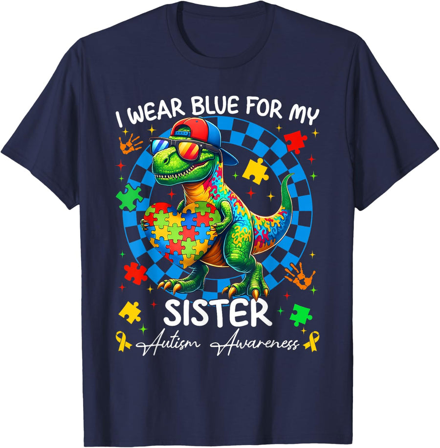 I Wear Blue for My Sister Pride Autism Awareness Boy Girl T-Shirt - Navy Blue