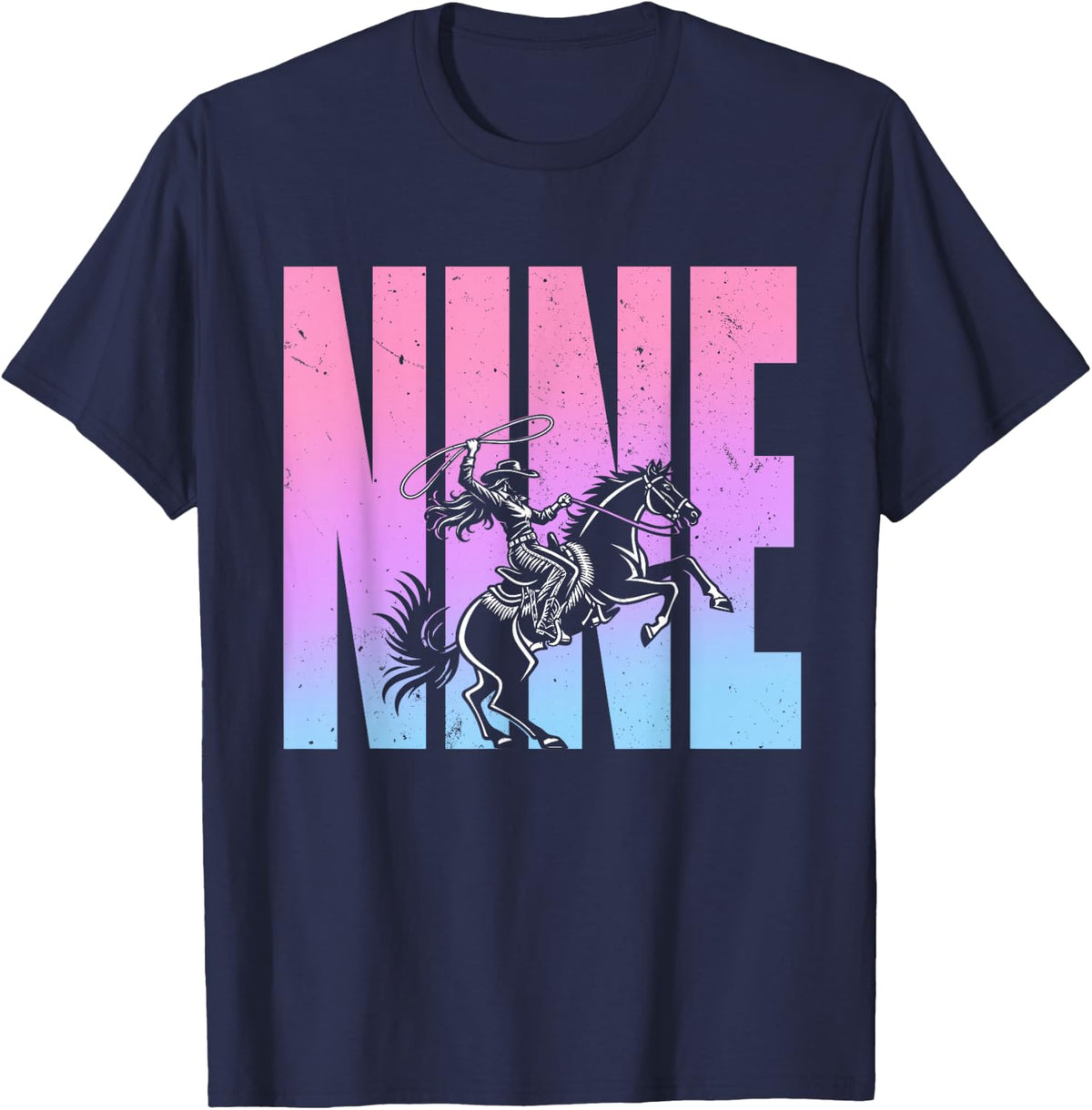 9th Birthday Rodeo Western Cowgirl Riding Horse Party T-Shirt - Navy Blue