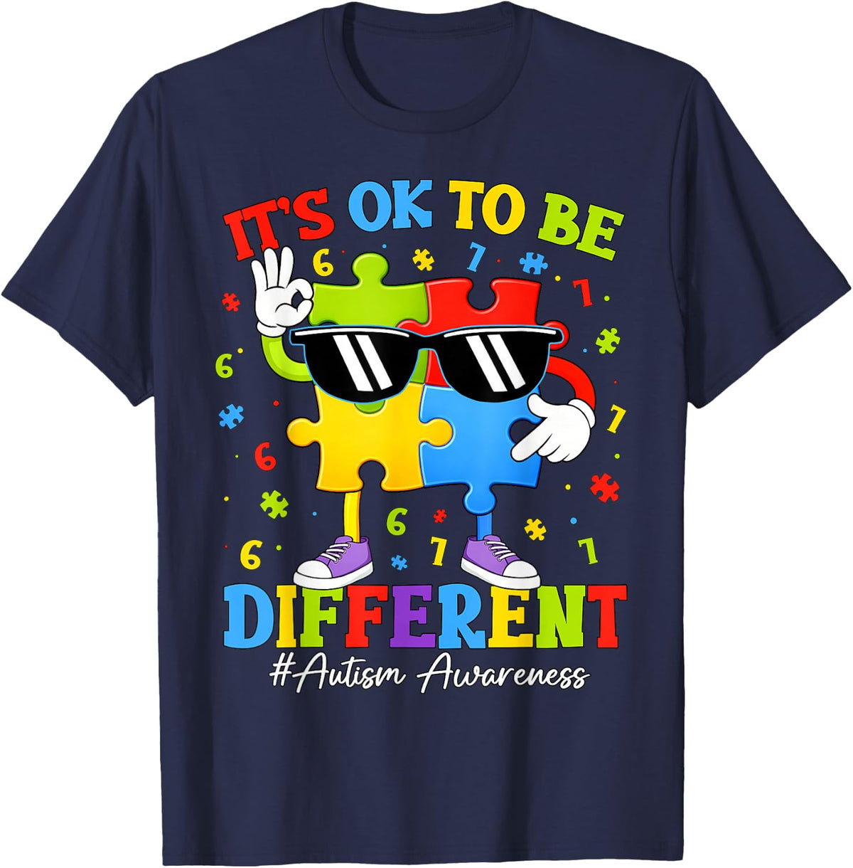 It's Ok to Be Different Six Seven 67 Puzzle Autism Awareness T-Shirt - Navy Blue