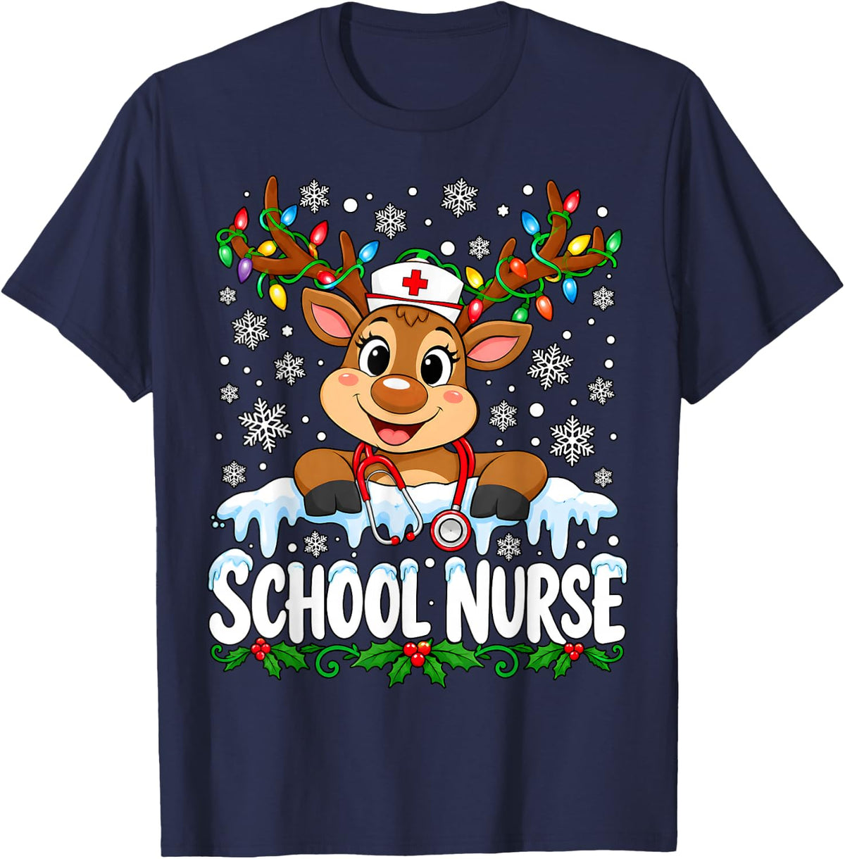 Reindeer School Nurse Christmas Stethoscope Xmas Lights T-Shirt - Navy Blue