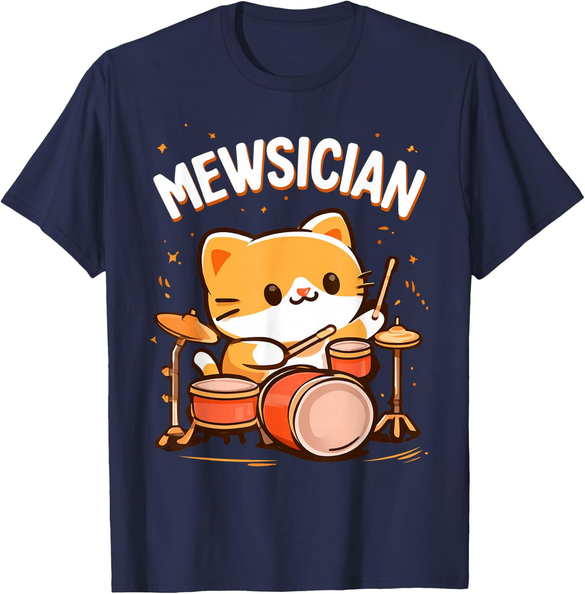 Mewsician Drummer Cat Cute Kawai Drums Musician T-Shirt - Navy Blue