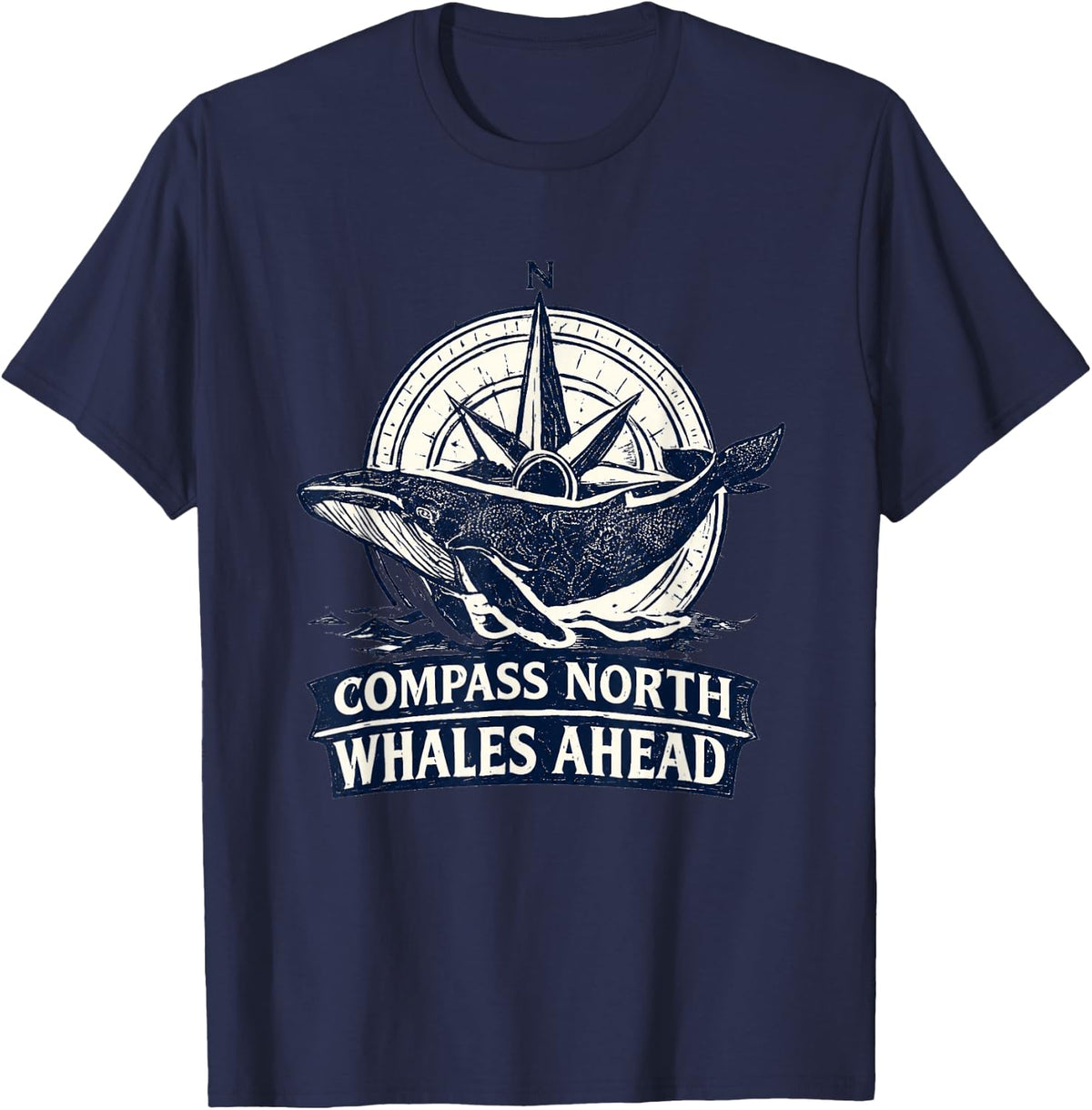 Compass North Whales Ahead Nautical Whale Watching T-Shirt - Navy Blue